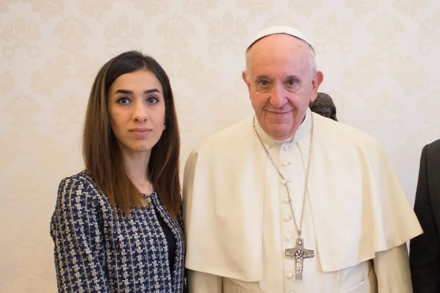 Nobel Peace Prize winner Nadia Murad meets with Pope Francis at the Vatican on Dec. 20, 2018.?w=200&h=150